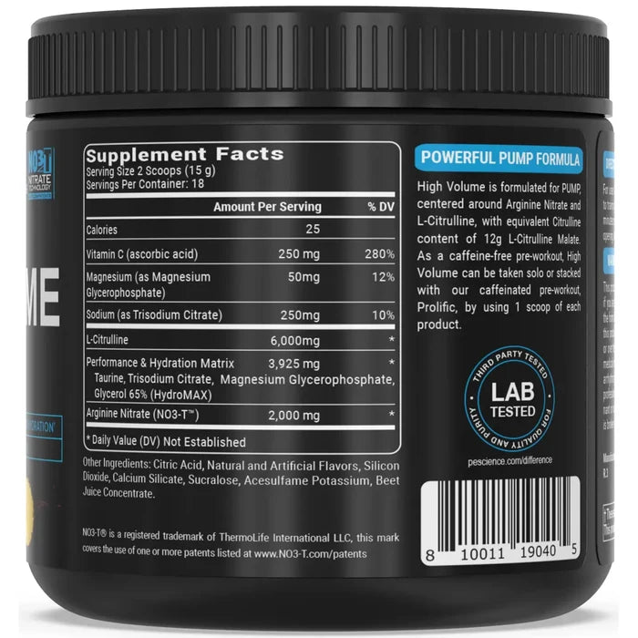 PEScience High Volume Stim-Free Pre-Workout Supplement Facts label