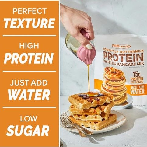 PEScience Buttermilk Protein Waffle & Pancake Mix infographic — perfect texture, high protein, just add water, low sugar