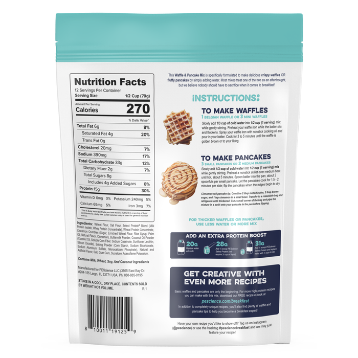 PEScience Buttermilk Protein Waffle & Pancake Mix Nutrition Facts label — 270 calories, 15g protein per 1/2 cup serving