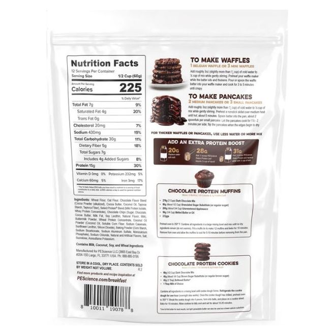 PEScience Dark Chocolate Protein Pancake & Waffle Mix Nutrition Facts label — 225 calories, 15g protein per serving
