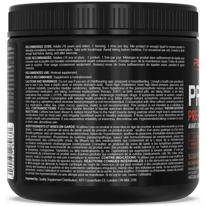PEScience Prolific Pre-Workout — back of tub, recommended dose and warnings in English and French