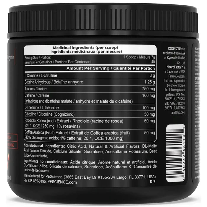PEScience Prolific Pre-Workout medicinal ingredients panel — 3g citrulline, 160mg caffeine per scoop