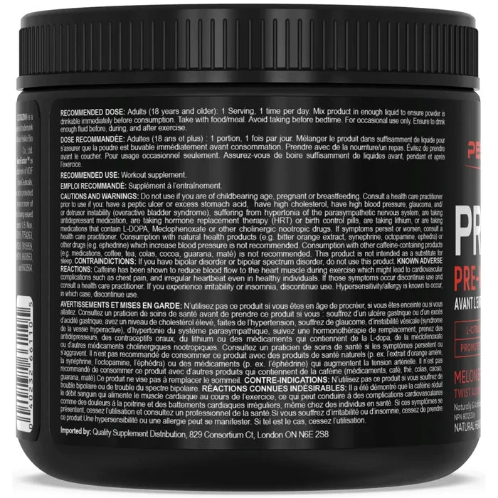 PEScience Prolific Pre-Workout — back of tub, dose and cautions in English and French