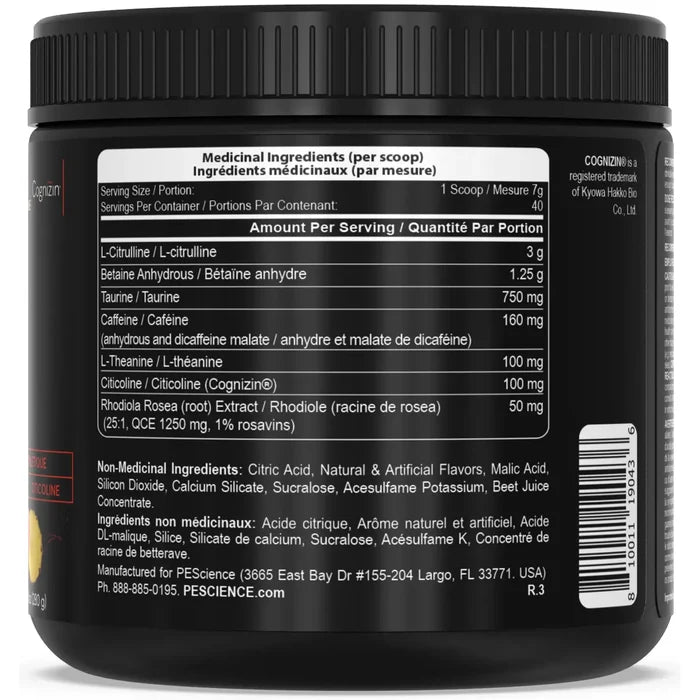 PEScience Prolific Pre-Workout medicinal ingredients panel — 3g citrulline, 100mg citicoline per scoop