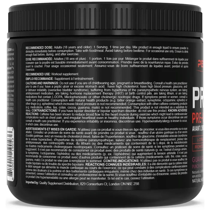 PEScience Prolific Pre-Workout — back of tub, recommended use and warnings in two languages