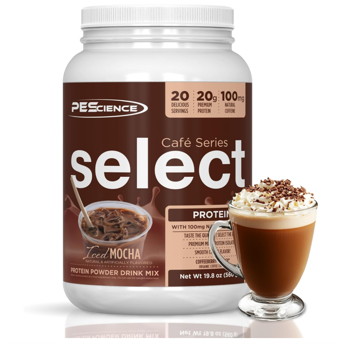 PEScience Select Café Protein Powder — Mocha tub front with mocha drink