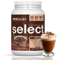 PEScience Select Café Protein Powder — Mocha tub front with mocha drink