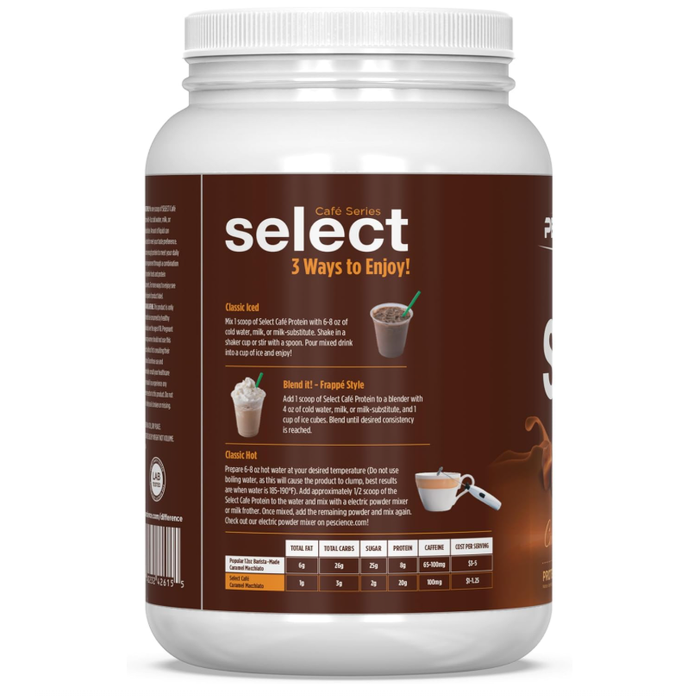 PEScience Select Café Protein Powder — Mocha tub back, 3 Ways to Enjoy prep guide