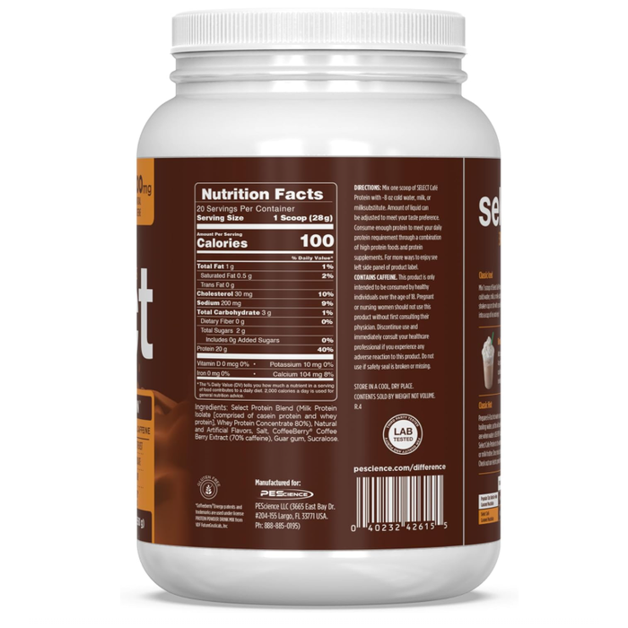 PEScience Select Café Protein Powder — Mocha tub Nutrition Facts panel and ingredients