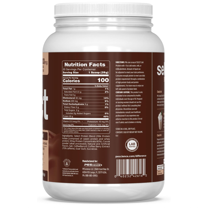 PEScience Select Café Protein Powder — Mocha tub Nutrition Facts and ingredients list