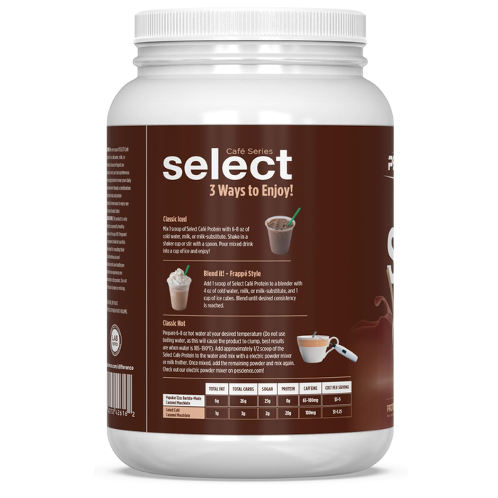 PEScience Select Café Protein Powder — Mocha tub back, preparation directions
