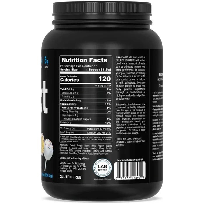 PEScience Select Protein — Nutrition Facts panel, 120 calories and 24g protein per scoop