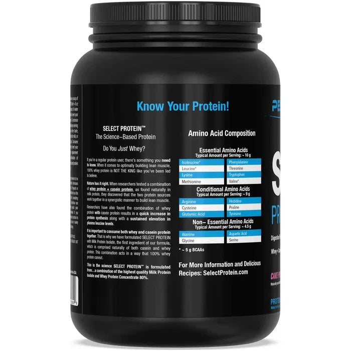 PEScience Select Protein Know Your Protein panel — amino acid composition, whey plus casein blend