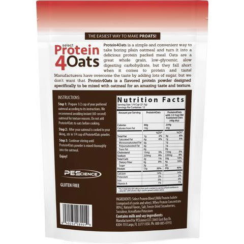 PEScience Select Protein4Oats — back of pouch with Nutrition Facts and mixing instructions, gluten free