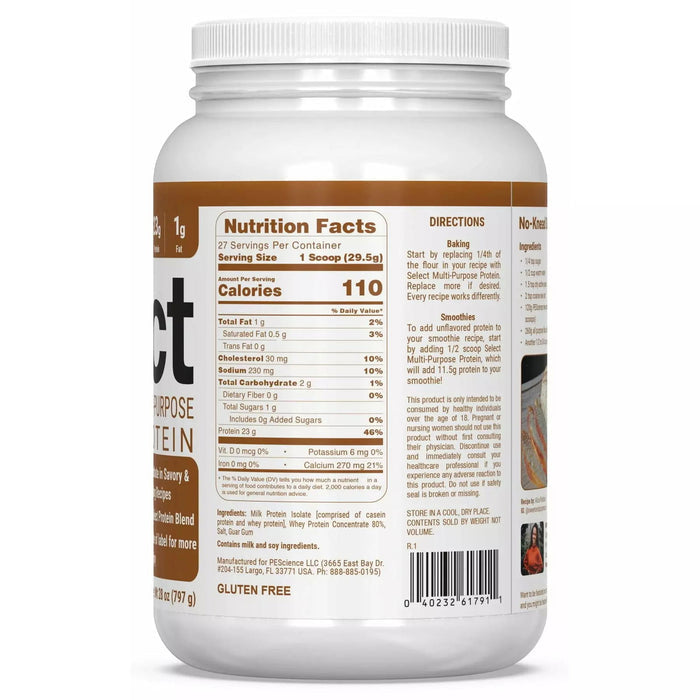 PEScience Select unflavored Multi-Purpose Protein Baking Powder Nutrition Facts label — 110 cal, 23g protein