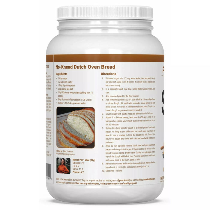 PEScience Select Multi-Purpose Protein No-Knead Dutch Oven Bread recipe with ingredients and directions