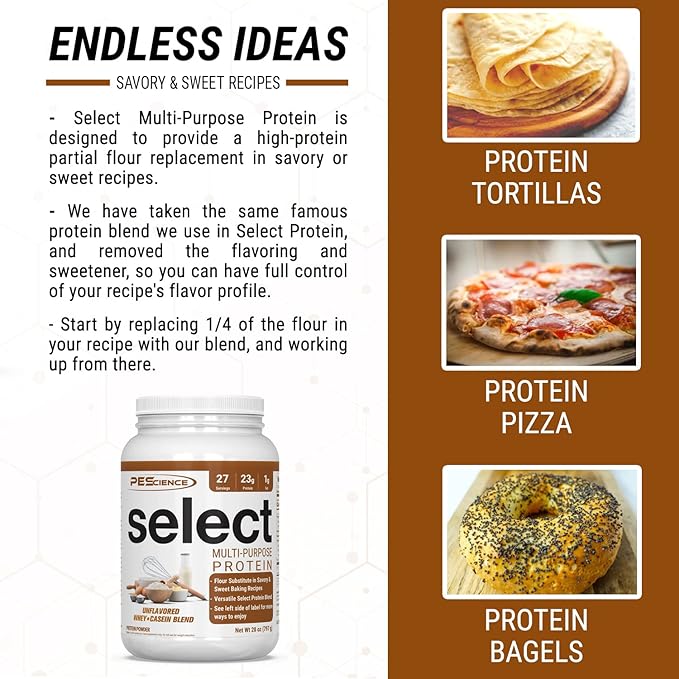 PEScience Select Multi-Purpose Protein savory and sweet recipe ideas — protein tortillas, pizza and bagels