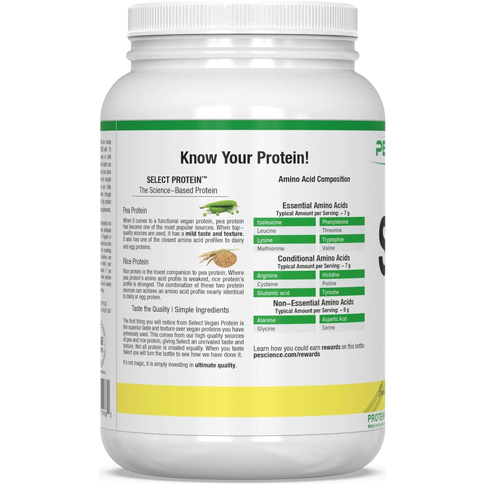 PEScience Select Vegan Protein — Know Your Protein amino acid composition panel on tub back