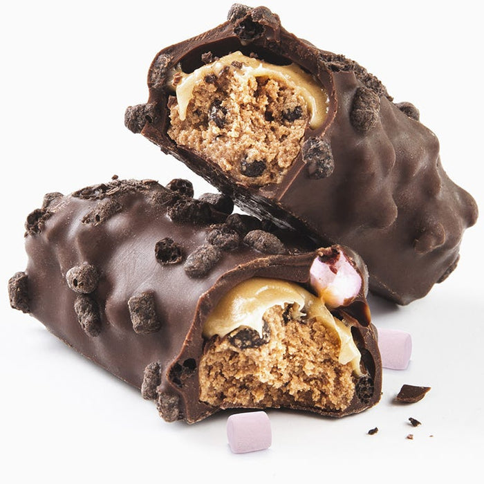 PhD Smart Mississippi Tough Mudder Pie bar broken open showing marshmallow pieces and caramel