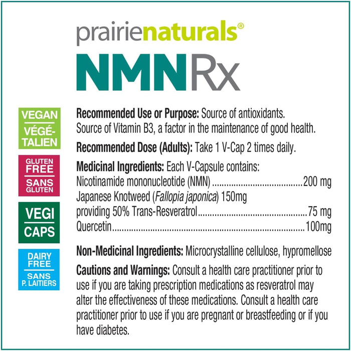 Prairie Naturals NMN Rx 200mg (30 capsules) Nutrition Facts label