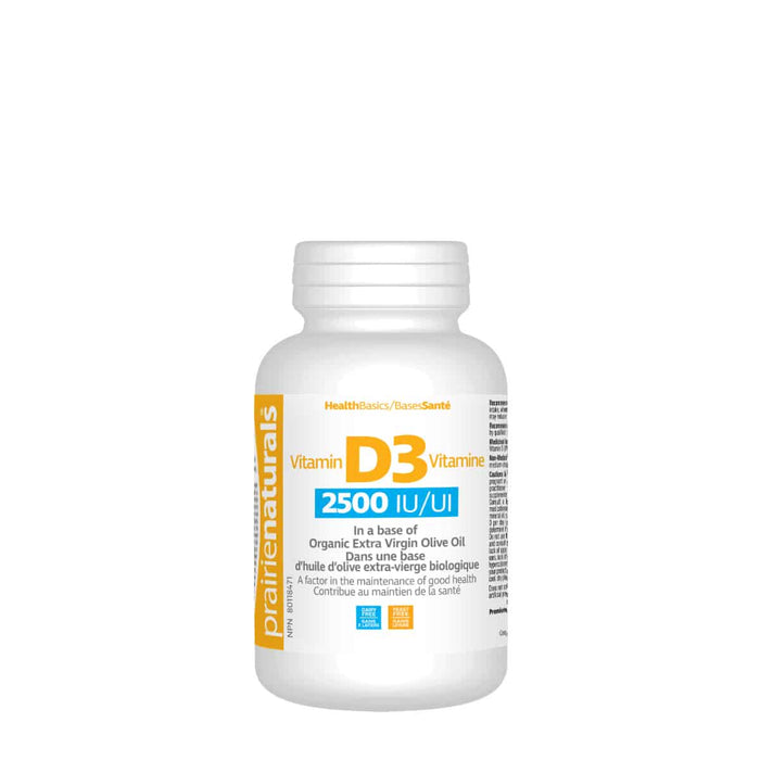 Prairie Naturals Vitamin D3 2500 IU Softgels — 90 Softgels front of bottle — in Canada