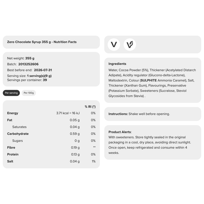 Prozis Zero Sauce chocolate syrup nutrition information panel — about 4 calories per serving, with sweeteners