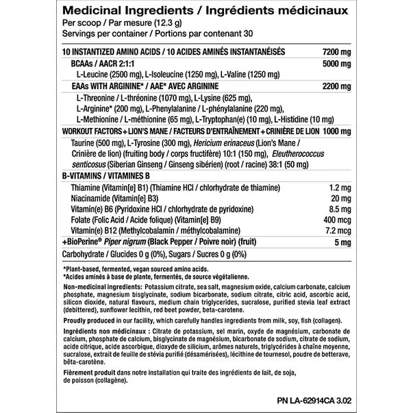 PVL EAA Complete Orange Krushd — Medicinal Ingredients panel with 10 instantized amino acids, BCAAs