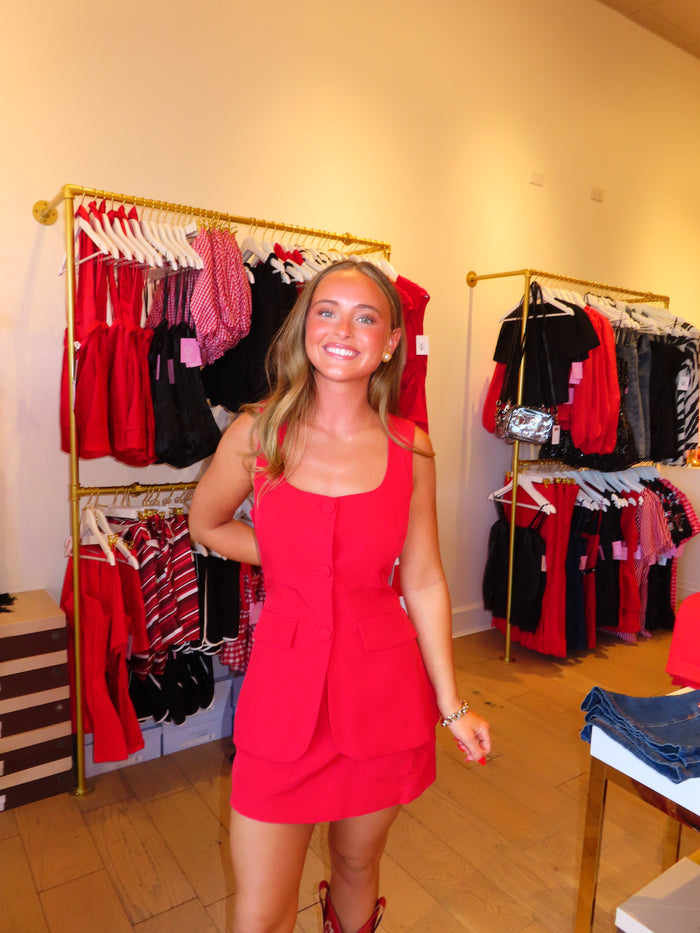 RED NECKLINE BUTTON ROMPER
