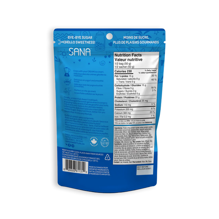 SANA Protein Bites Cookies & Cream Nutrition Facts panel — 250 calories, no added sugar