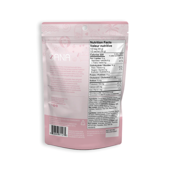 SANA Protein Bites Neapolitan Nutrition Facts panel — 220 calories, no added sugar