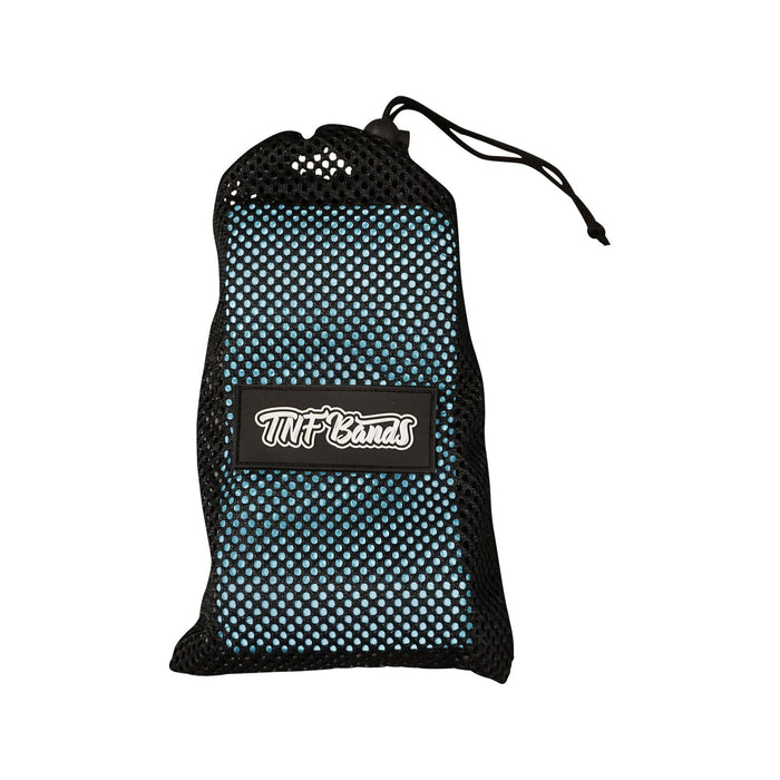 TNF Bands Adjustable Resistance Band — blue mesh drawstring carry bag with TNF Bands logo