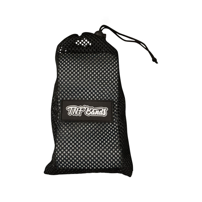 TNF Bands Adjustable Resistance Band — charcoal mesh drawstring carry bag with TNF Bands logo