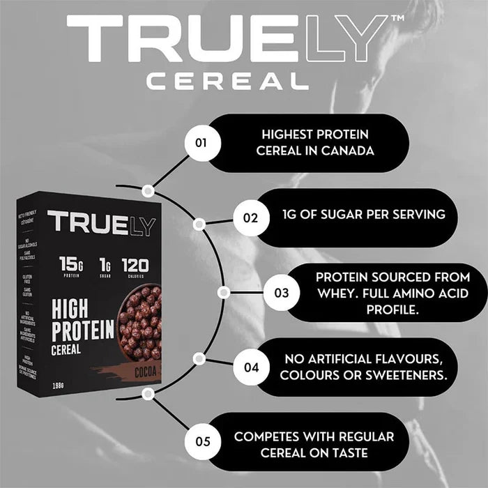 Truely Cereal infographic — highest protein cereal in Canada, 1g sugar, whey protein, no artificial flavors