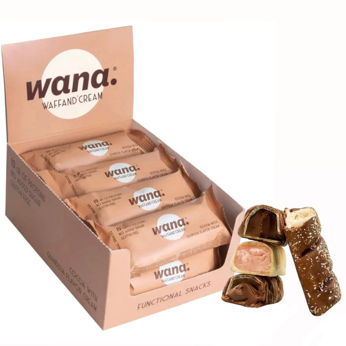 WANA Waffand'Cream "Kinder Bueno" Keto Protein Bars (1 Box of 12 Bars) — Cocoa And Hazelnuts With Salted Caramel Cream front — in Canada