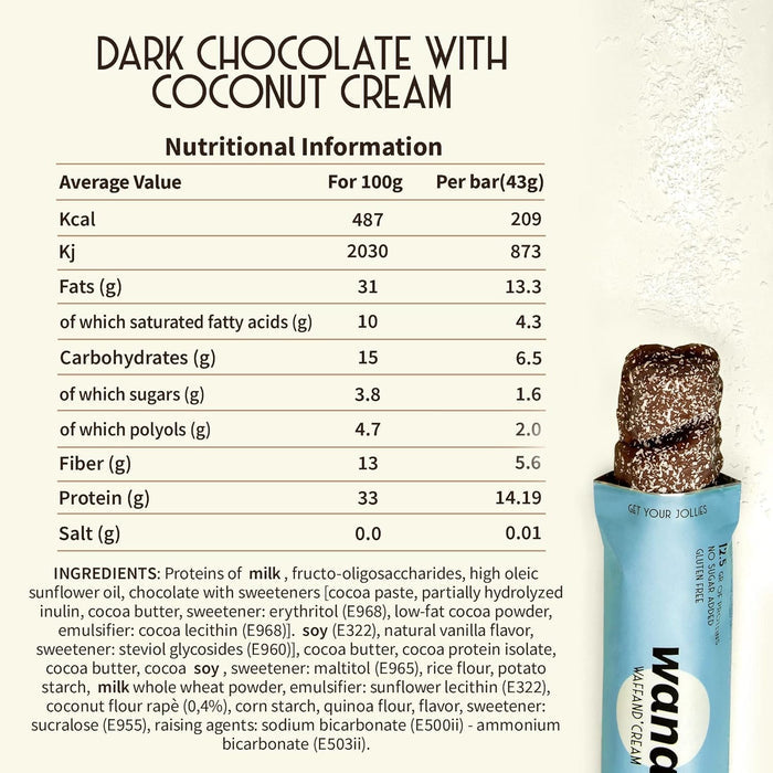WANA Waffand'Cream Dark Chocolate with Coconut Cream Nutrition Facts label — 14 g protein, no sugar added
