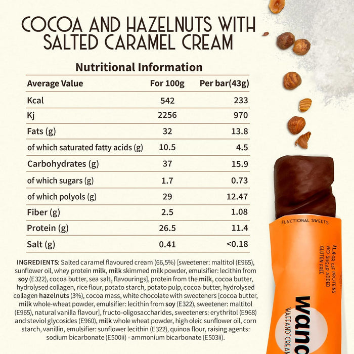 WANA Waffand'Cream Cocoa & Hazelnuts with Salted Caramel Cream Nutrition Facts label — 11 g protein per bar