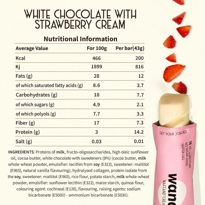 WANA Waffand'Cream White Chocolate with Strawberry Cream Nutrition Facts label — 14 g protein, no sugar added