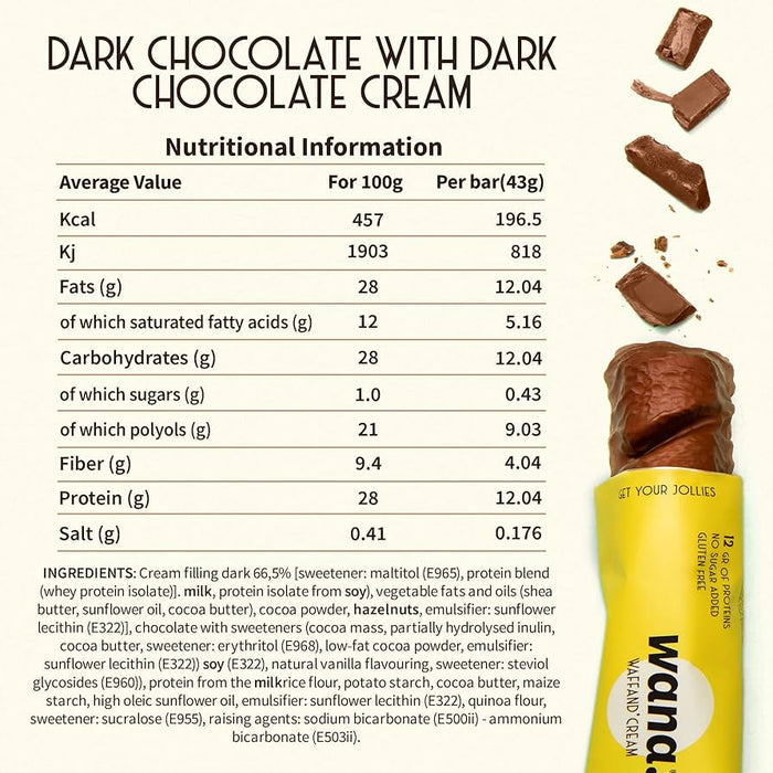 WANA Waffand'Cream Dark Chocolate with Dark Chocolate Cream Nutrition Facts label — 12 g protein per bar