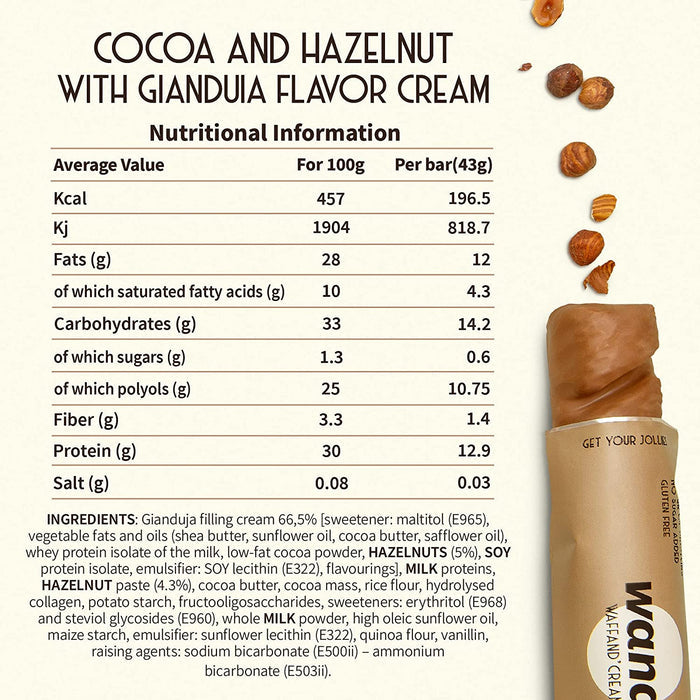 WANA Waffand'Cream Cocoa & Hazelnut with Gianduia Cream Nutrition Facts label — 12.9 g protein per bar